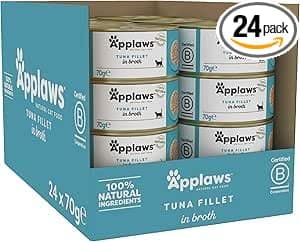 Applaws Natural Premium Wet Cat Food for Adult Cats, Tuna Fillet in Broth Pack of 24 x 70g Cans