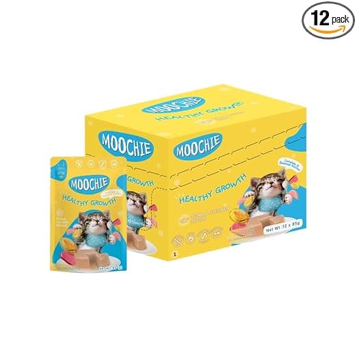 PETS EMPIRE Moochie Tasty Wet Cat Food, Grain Free Cats Gravy Meal (85 g X 12 Pouches) Healthy Growth Tuna Mousse with Chicken, No Artificial Flavours Kitten Food, Non-Vegetarian Cat Foods Pouch - View 1