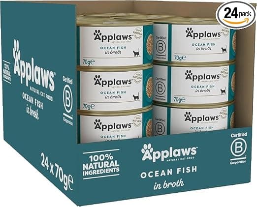 Applaws Natural Premium Wet Cat Food for Adult Cats, Ocean Fish in Broth Pack of 24 x 70g Cans