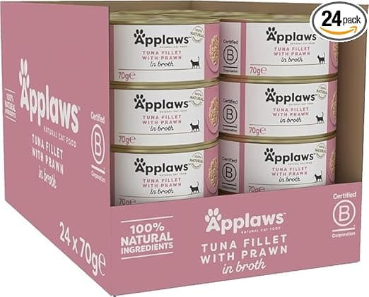Applaws Natural Premium Wet Cat Food for Adult Cats, Tuna Fillet with Prawns in Broth Pack of 24 x 70g Cans