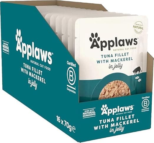 Applaws Natural Premium Wet Cat Food for Adult Cats, Tuna Whole Meat with Mackerel in Tasty Jelly Pack of 16 x 70g Pouches