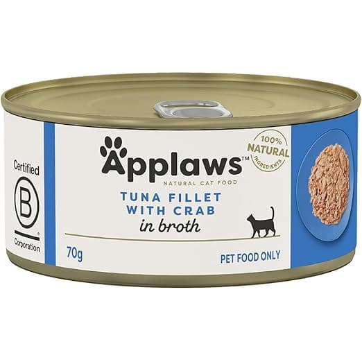 Applaws Natural Premium Wet Cat Food for Adult Cats, Tuna Fillet with Crab in Broth Pack of 4 x 70g Cans