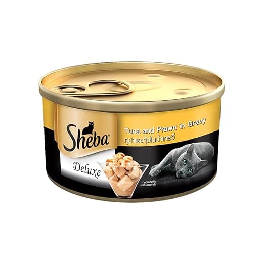 Sheba Deluxe Premium Adult (1+ Years) Wet Cat Food, Tuna and Prawns in Gravy, 85 g Can, High-moisture gravy cat food for healthy hydration