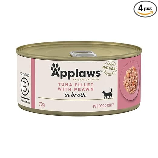 Applaws Natural Premium Wet Cat Food for Adult Cats, Tuna Fillet and Prawns in Broth Pack of 4 x 70g Cans - View 1