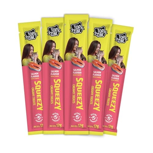 Toptail Cat Treats Salmon Flavour - 60 Grams (12g x 5 Sachets), Squeezy Creamy Lickable Treats for Cats, Rich in Omega-3 & 6 Fatty Acids - View 1