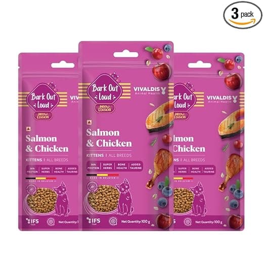 Bark Out Loud by Vivaldis - Kitten Dry Cat Food Chicken & Salmon 300 gm, Protein-Packed Immunity, Growth & Development Booster, contributes to Healthy Heart, Skin, Coat and Eye. - View 1