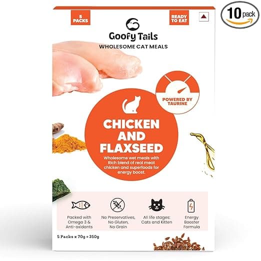 Goofy Tails Chicken and Flaxseed Wet Cat Food and Kitten Food, 700g (70g X 10 Pouches), Preservative Free, Gluten & Grain Free, Balanced Cat Wet Food, Powered by Taurine with Omega 3 & Antioxidants - View 1