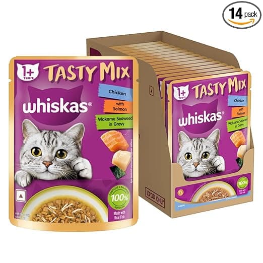 Whiskas Tasty Mix Adult (1+ Year) Wet Cat Food, Chicken with Salmon Wakame Seaweed in Gravy, 70 g, Pack of 14|Made with Real Fish|Complete & Balanced Nutrition for Adult Cat - View 1