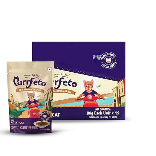 Adult Wet Cat Food | Mackerel in Gravy |80 GMS (Pack of 12)| Gluten Free | Supports Hydration | Highly Palatable