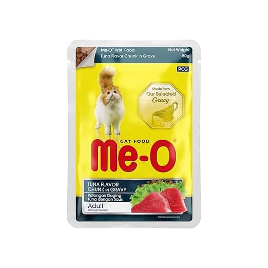Me-O Pouch CAT Wet Food, Tuna Flavour Chunk in Gravy 80 G, Pack of 12 (80 G X 12, 960 G),Adult