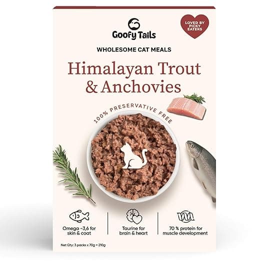 Goofy Tails Himalayan Trout & Anchovies Cat Food 210g (70g X 3Pouches) | Grain & Gluten Free | Preservative Free | High Protein | with Taurine, Omega 3 & Antioxidants | for Cats & Kittens
