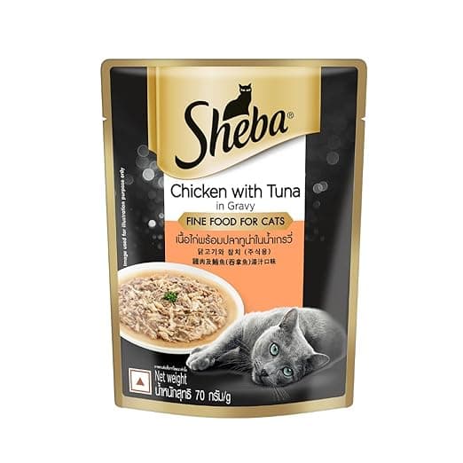 Sheba Fine Premium Adult (1+ Years) Wet Cat Food, Chicken with Tuna in Gravy, 70 g Pouch, High-Moisture Gravy cat Food for Healthy Hydration