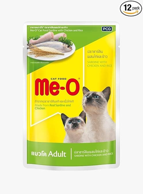 Me-O Adult Cat Wet Food, Sardine with Chicken & Rice, 80 G (Pack of 12, 960G)