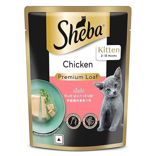 Sheba Fine Premium Kitten (2-12 months) Wet Cat Food, Chicken Premium Loaf, 70 g Pouch, High-moisture gravy kitten cat food for healthy hydration
