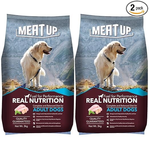 Meat Up Adult Dry Dog Food 3Kg + 3kg (Free) 6Kg | Chicken Flavour | Buy 1 Get 1 | Glucosamine for Healthy Joints and Bones | Vitamins and Minerals | Maintain Digestive Health | Strong Immune System
