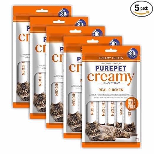 Purepet Creamy Lickable Cat Treats (5 X 75g) 375g Pack of 5 | Real Chicken Flavour | Supports Healthy Skin and Coat | Better Digestibility and Health | Better Brain and Eyesight Development