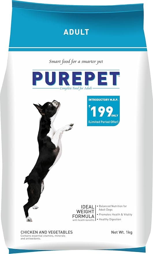 Purepet Adult Dry Dog Food 1 kg Pack | Chicken & Vegetable Flavour | Hair Ball Protection | Heart Care | Skin Health | Taurine for Healthy Heart