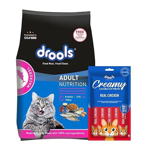 Drools Cat Adult Dry Cat Food 1kg with Free Cat Creamy Treat 75g | Mackerel Flavour | Hair Ball Protection | Taurine for Healthy Heart | Healthy Skin & Beautiful Coat