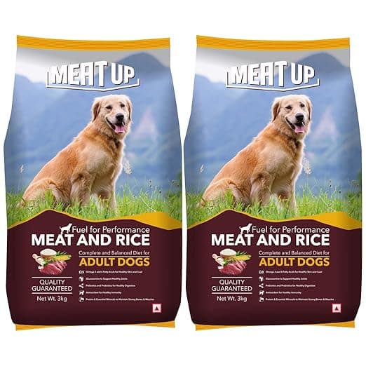 Meat Up Adult Dry Dog Food 3kg + 3kg (Free) 6kg | Meat & Rice Flavour | Buy 1 Get 1 Free | Healthy Skin & Beautiful Coat |Healthy Joints and Strong Bones |Prebiotics & Probiotics for Healthy Digestion