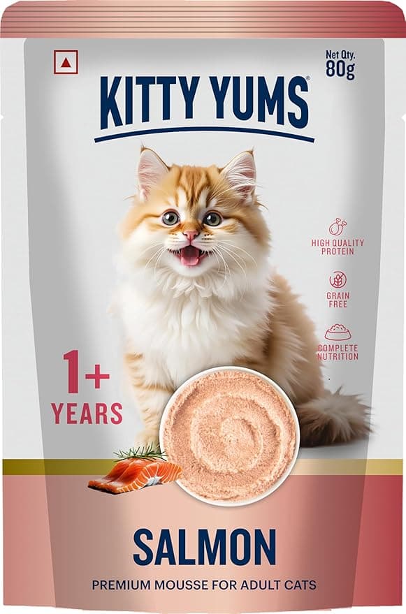 Kitty YUMS Adult Cat Wet Mousse 80g | Salmon | Rich in Protein | Promotes Hydration & Easy to Digest | Grain Free | No Artificial Flavours | Packed with Essential Vitamins & Antioxidants