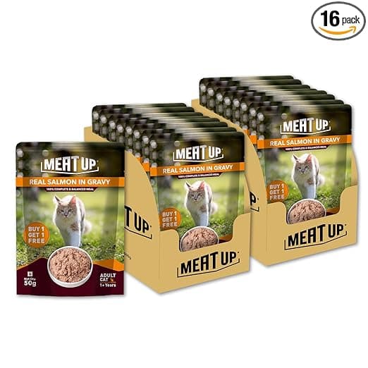 Meat Up Adult Wet Cat Food (50g x8)400g + 400g (Free) | Real Salmon Fish in Gravy | Buy 1 Get 1 | Supports Heart & Vision Health | Strong Bones & Teeth | Natural Flavours | Organic Minerals & Vitamins - View 1