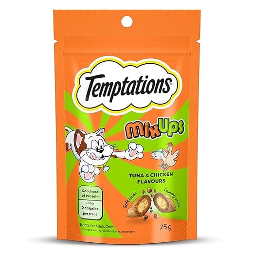 Temptations MixUps Cat Treats, Tuna & Chicken Flavours, 75g – Two Irresistible Flavours in One Pack, Crunchy Outside Soft Inside, Goodness of Protein, Vitamins & Minerals, Resealable Pouch​