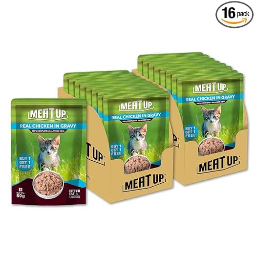 Meat Up Kitten Cat Wet Food (50g x 8), 400g + 400g (Free)| Real Chicken in Gravy | Buy 1 Get 1 | Supports Heart & Vision Health | Strong Bones & Teeth | Natural Flavours | Organic Minerals & Vitamins - View 1