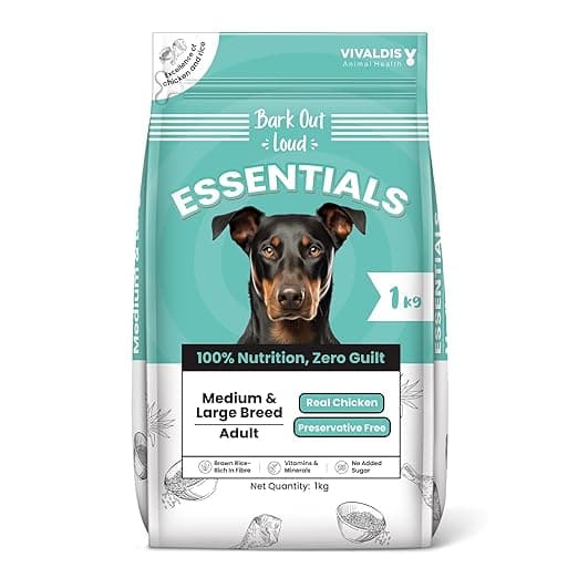 BARK OUT LOUD Essentials Adult Dog Food for Medium & Large Breed | Real Chicken & Egg | Gluten-Free, Prebiotics & Fish Oil for Immunity | Dry Dog Food for Labrador, Retriever, Husky – 1Kg