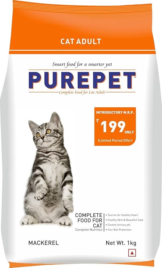 Purepet Adult Dry Cat Food 1 kg Pack | Mackerel Flavour | Hair Ball Protection | Heart Care | Skin Health | Taurine for Healthy Heart