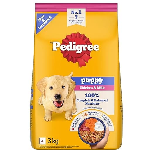 Pedigree Puppy Dry Dog Food, Chicken & Milk, 3 kg, Contains 37 Essential Nutrients, 100% Complete & Balanced Food for Puppies