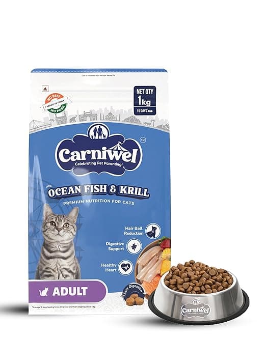 Carniwel Ocean Fish & Krill Dry Cat Food for Adult Cats, 1kg Pack + Free Food Bowl