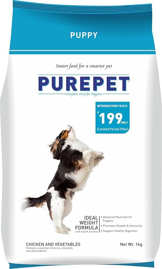 Purepet Puppy Dry Dog Food 1 kg Pack | Chicken & Vegetable Flavour | Hair Ball Protection | Heart Care | Skin Health | Taurine for Healthy Heart