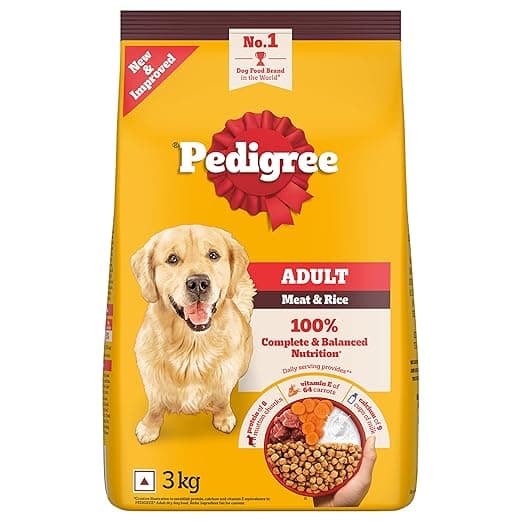 Pedigree Adult Dry Dog Food, Meat & Rice, 3 kg, Contains 37 Essential Nutrients, 100% Complete & Balanced Food for Adult Dogs