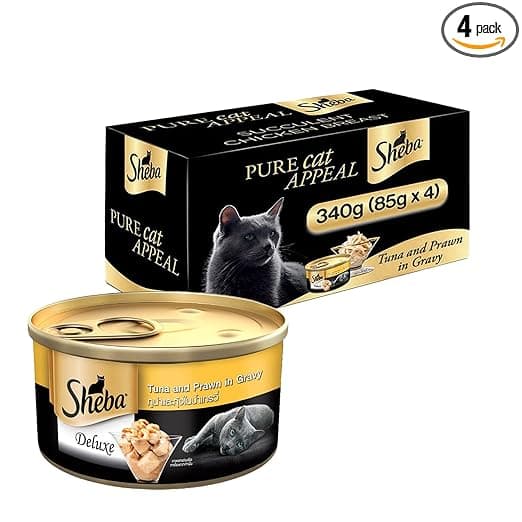 Sheba Deluxe, Premium Adult Wet Cat Food, Tuna & Prawn In Gravy, 4 Cans (4 X 85G), 1 Count