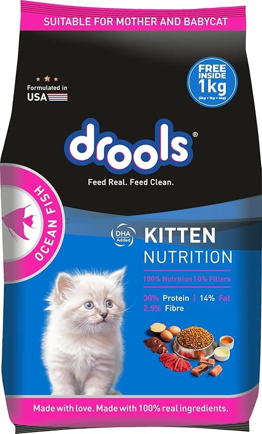 Drools Kitten(1-12 months) Dry Cat Food, Ocean Fish - 4kg (3kg + 1kg Free Food Inside)