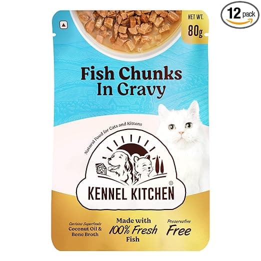 Kennel Kitchen Wet Cat Food for Adults and Kittens, Fish Chunks in Gravy, 12 Pouches (12 X 80 GMS) - View 1