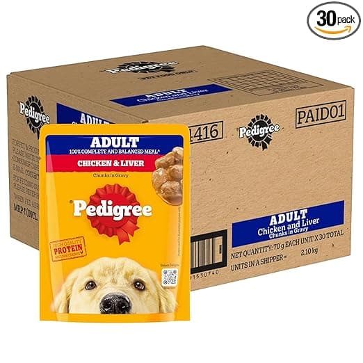 Pedigree Adult Wet Dog Food, Chicken & Liver Chunks in Gravy, 70 g (Pack of 30), Complete & Balanced Meal for Adult Dogs
