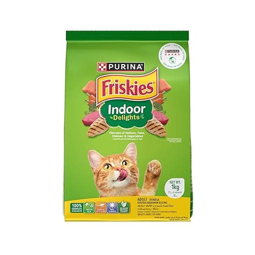 PURINA, FRISKIES Indoor Delights Adult Dry Cat Food, 1 kg, Contains Salmon, Tuna, Chicken and Vegetables Flavours