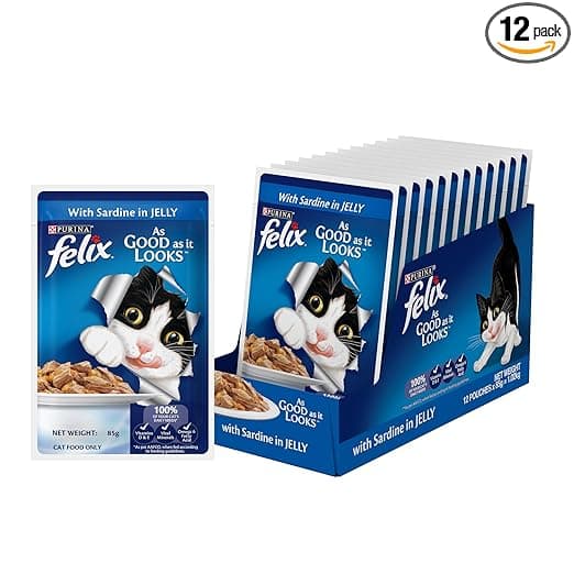 Purina Felix with Sardine in Jelly | Wet Food for Adults | Complete and Balanced Cat Food, Pack of 12 Pouches (12 x 85 g)