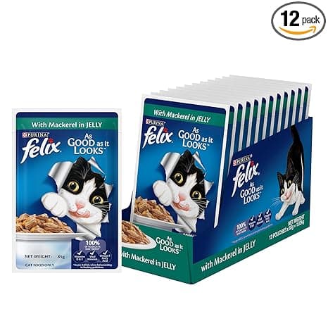 Purina Felix with Mackerel in Jelly | Wet Food for Adults | Complete and Balanced Cat Food, Pack of 12 Pouches (12 x 85 g)