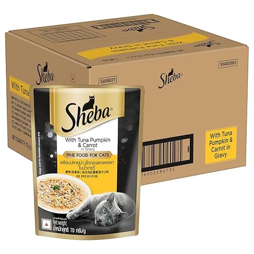 Sheba Fine Premium Adult (1+ Years) Wet Cat Food, Tuna Pumpkin & Carrot in Gravy, 70 g Pouch (Pack of 28), High-moisture gravy cat food for healthy hydration