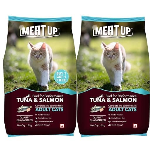 Meat Up Adult Dry Cat Food 1.2Kg + 1.2kg (Free) 2.4Kg | Tuna and Salmon Flavour | Buy 1 Get 1 | Maintains Urinary pH | Hair Ball Protection | Healthy Skin & Coat | Taurine for Healthy Heart - View 1