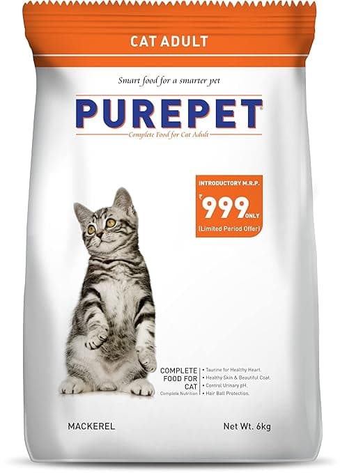 Purepet Adult Dry Cat Food 6kg | Mackerel Flavour | Taurine for Healthy Heart | Healthy Skin & Beautiful Coat | Control Urinary pH | Hair Ball Protection