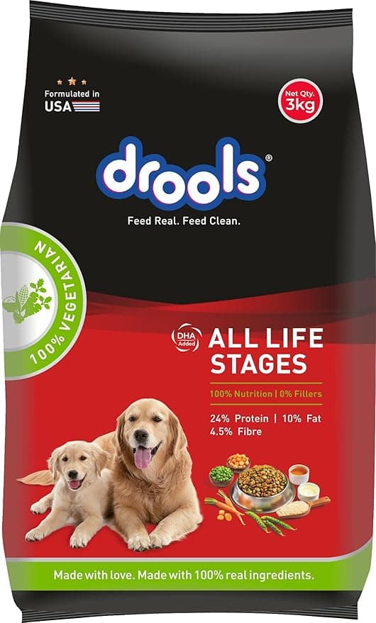 Drools Dry Dog Food All Lifestages 3kg Pack | 100% Vegetable Flavour | Healthy Digestive System | Strong Bones & Teeth | Better Immunity | Healthy Skin & Shiny Coat
