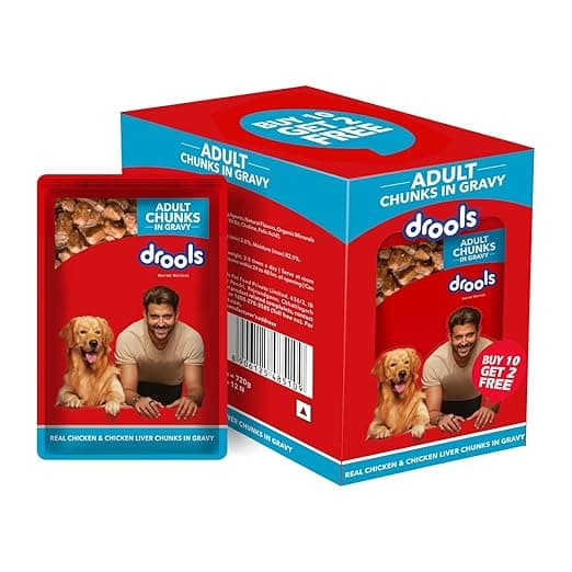 Drools Adult Wet Dog Food 10 Pouches + 2 Pouches Free (12 x 60g) | Real Chicken and Chicken Liver Chunks in Gravy | Healthy Skin and Coat | Maintains Joint Health | Better Digestibility and Health