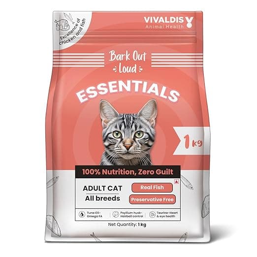 Bark Out Loud Essentials Adult Dry Cat Food | Fresh Fish & Chicken | Hairball Control | with Taurine, Antioxidants & Prebiotics | Complete & Balanced Nutrition - 1Kg