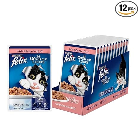 Purina Felix with Salmon in Jelly | Wet Food for Adults | Complete and Balanced Cat Food, Pack of 12 Pouches (12 x 85 g)