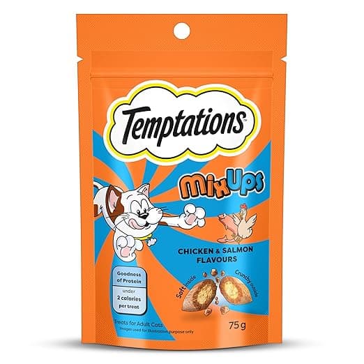 Temptations MixUps Cat Treats, Chicken & Salmon Flavours, 75g – Two Irresistible Flavours in One Pack, Crunchy Outside Soft Inside, Goodness of Protein, Vitamins & Minerals, Resealable Pouch​