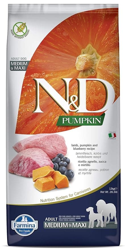 FARMINA N&D Pumpkin Dry Dog Pet Food, Grain-Free, Adult Medium & Maxi Breed, 12-kg, Lamb and Blueberry