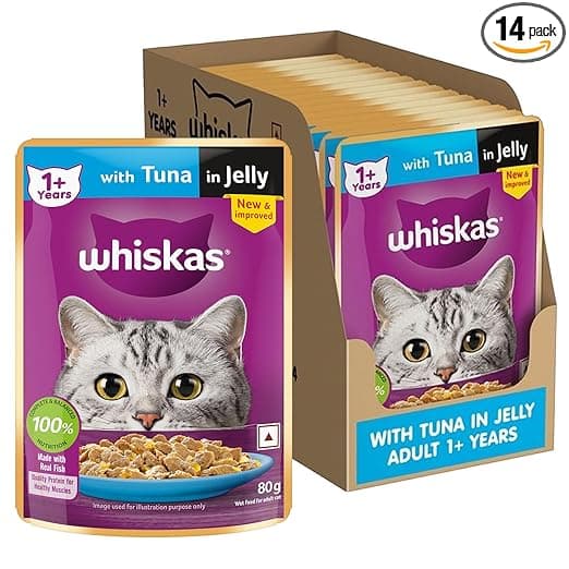 Whiskas Adult (1+ Years) Wet Cat Food, Tuna in Jelly, 80 g (Pack of 14), Hydrating Food Made With Real Fish, 100% Complete & Balanced Nutrition for Adult Cats